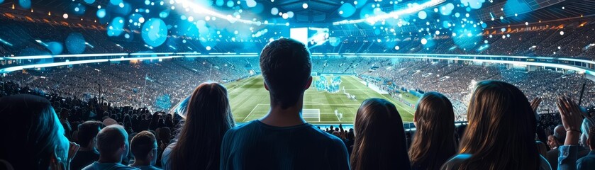 Hightech holograms cheer from the sidelines in a stadium, creating an immersive and motivating atmosphere for competitors