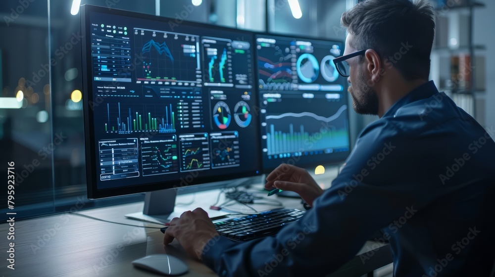 Poster analyst uses computer and dashboard for data business analysis and data management system with kpi a