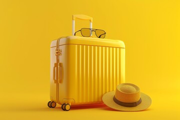 Suitcase with hat and sunglasses on yellow background