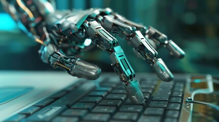 Robotic hand with intricate sensors and mechanisms deftly operating a keyboard, symbolizing the future of automation in business operations