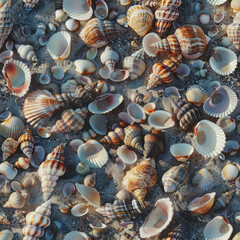 Seamless pattern of pretty shells at sandy beach