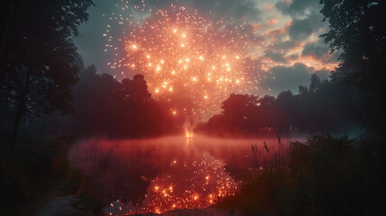 A firework display in the woods with a lake in the background