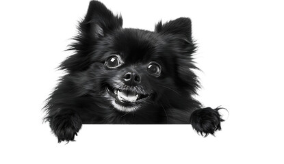 black Pomeranian dog peeking over edge, smiling with white background.