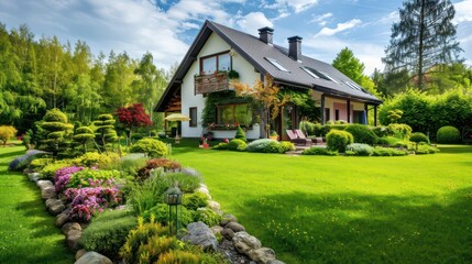 a house with a beautiful and spacious garden and clear skies