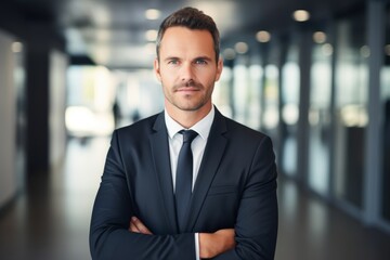 Fototapeta premium Captivating Portrait of a Confident Business Professional Standing Proudly Before the Entrance to a Modern Conference Room