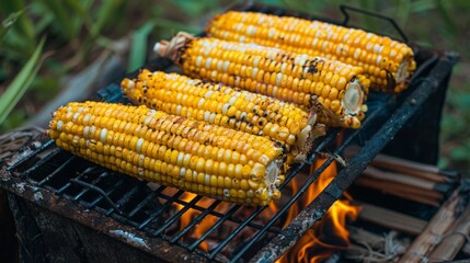Grilled corn on a flaming barbecue