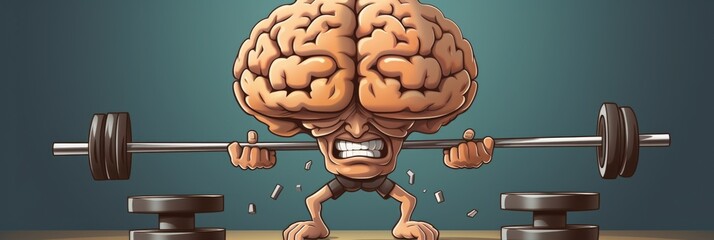 A cartoon image of a brain flexing its mental muscles as it powerlifts a barbell.