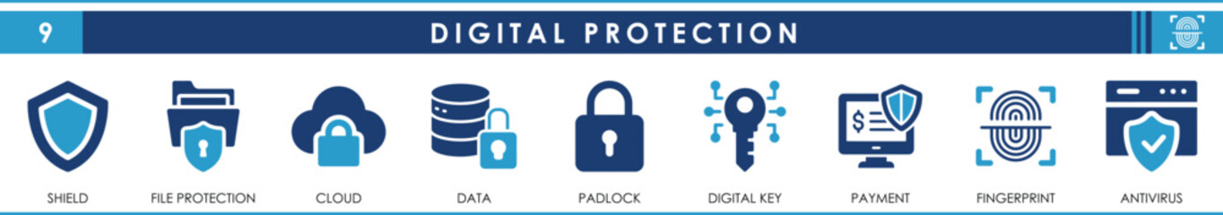 Digital Protection flat icons collection. Set of icons with Padlock, fingerprint, antivirus, payment protection and so on.