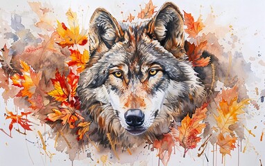 Watercolor painting Portrait of a majestic wolf in Autumn which is very beautiful