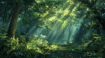 Sunlight filters softly through the canopy, casting dappled shadows on the forest floor, a silent testament to the dance of light and life, background concept