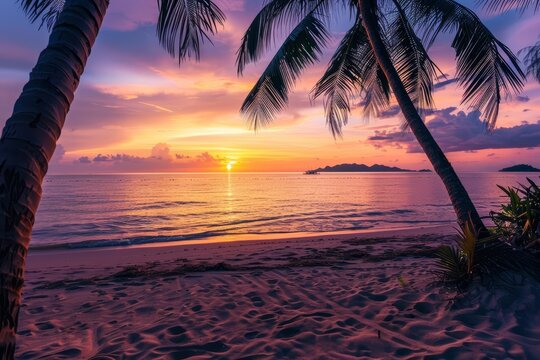Sunsets at exotic beaches paint the horizon in hues of orange and purple, crafting a perfect backdrop for evening strolls along the soft sands, background concept