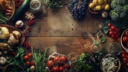 Rustic table with various organic foods - A bountiful display of vegetables, grains, and spices on a wooden table, evoking a sense of homegrown prosperity