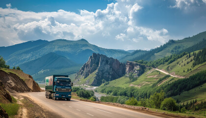 A blue semi truck is driving down a road in the mountains