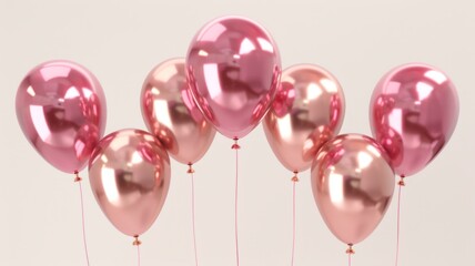 Shiny pink balloons floating gracefully - A collection of glossy pink balloons with a metallic finish, tied with thin red strings, ascend gently against a soft background