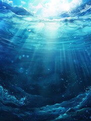Fototapeta na wymiar ocean blue underwater waves with sun beam clear view realistic, world oceans day banner vertical with copy space - generative ai