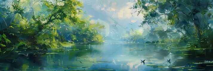 The tranquil murmur of a meandering river complements the chorus of chirping birds, painting a vivid soundscape of natural harmony, background concept