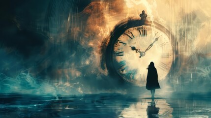 Time seems to stretch and warp as the woman stands in front of the clock, a spectral figure hovering behind her, whispering secrets of the future