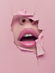 Lips peeking through torn pink paper - A sensual image capturing glossy lips visible through a torn pink paper background, combining elements of desire and curiosity