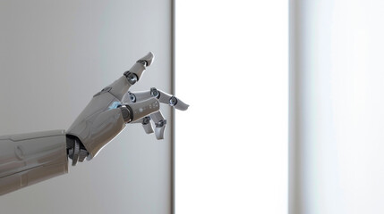A robot hand is pointing to a white wall