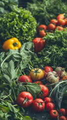 Assorted fresh vegetables on dark background - A vibrant display of fresh vegetables arranged neatly on a dark surface, showcasing colorful peppers, tomatoes, and greens