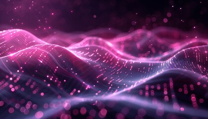 Pink and purple glowing particles form into a futuristic landscape.
