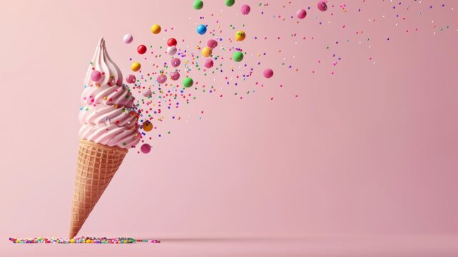 Ice cream cone with toppings and floating candies - A whimsical image of a soft serve ice cream cone with a burst of candy toppings against a pink background