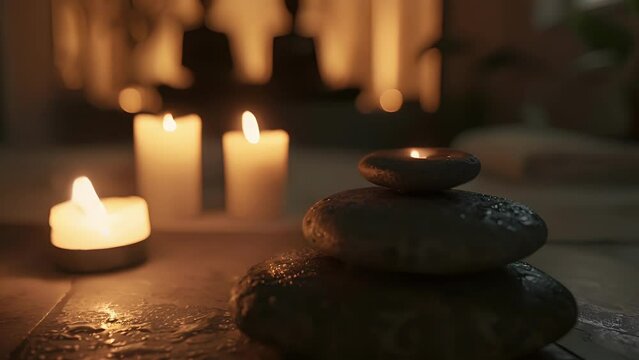 Soft focus on a spa room highlighting the subdued glow of candles the glistening of oil on massage stones and the shadowy figure of a person in a bathrobe. The image exudes a soothing .