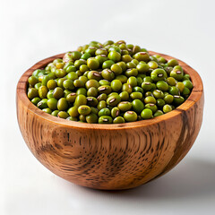 Green beans in a wooden bowl, white background