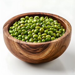 Green beans in a wooden bowl, white background