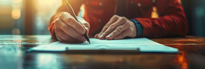 Fototapeta premium Businessman close up signing contract at work in office room. Cropped corporate male signing paper work for health insurance, loan mortgage and employee.