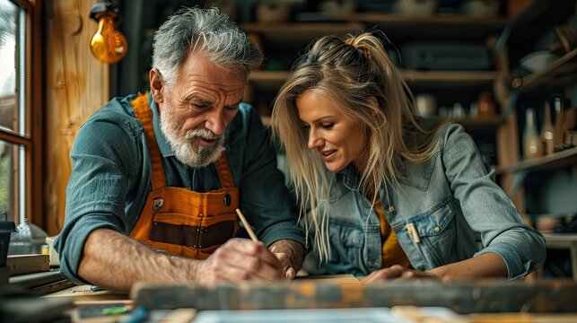 Mid adult couple making home improvement and measuring in the garage or workingspace.