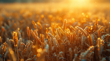 Naklejka premium A field of golden wheat with a bright sun shining on it
