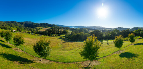 Panoramic views of farm land in rural area near Bowral in NSW Southern Highlands Australia