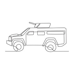 One continuous line drawing of Military vehicle vector illustration. Military transportation design in simple linear style concept. Non coloring military vehicle design concept vector illustration.