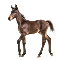 Month old dark brown Andalusian horse aka pura raza espanola standing side ways Looking towards camera Isolated on a white background