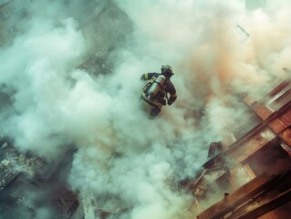 A firefighter bravely navigates through a thick cloud of smoke while fighting a raging fire.