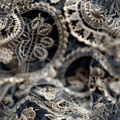 Seamless pattern of silver embroidery on black lace