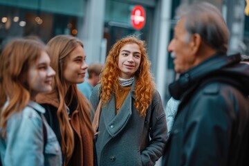 Young red haired woman walking in the city with her friends.