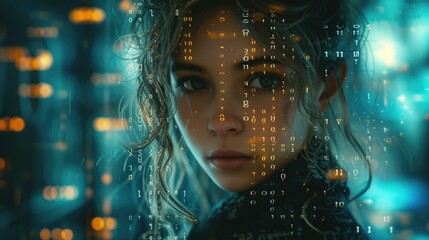 A woman with a computer screen in front of her face. Generative AI.