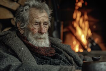 Obraz premium A man with a beard sitting in front of fire. Generative AI.
