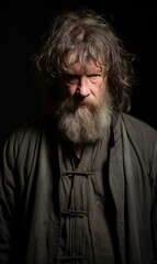 Fototapeta premium A man with a beard and long hair wearing an old fashioned coat. Generative AI.