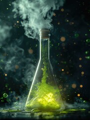 A green liquid is coming out of a beaker with steam. Generative AI.