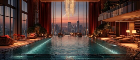 A large indoor swimming pool with a view of the city. Generative AI.