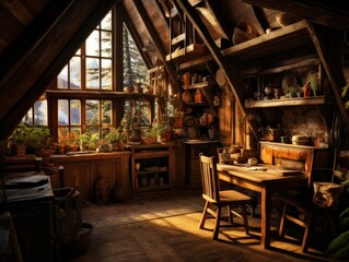 A room with a desk and lots of windows in it. Generative AI.