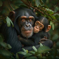 Obraz premium A mother and child of a chimpanzee in the jungle. Generative AI.