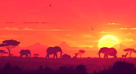 Fototapeta na wymiar African savannah at sunset with silhouettes of elephants, lions and zebras in a flat vector illustration style, Generative AI