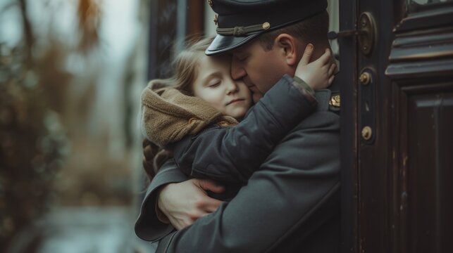 A man and a woman engage in a warm embrace while standing in front of a door. - Powered by Adobe