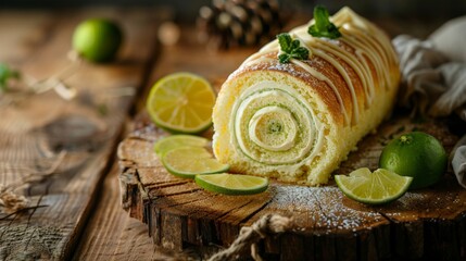 Roll of lime cake with sugar on wood