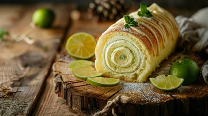 Gordijnen Roll of lime cake with sugar on wood © 2rogan
