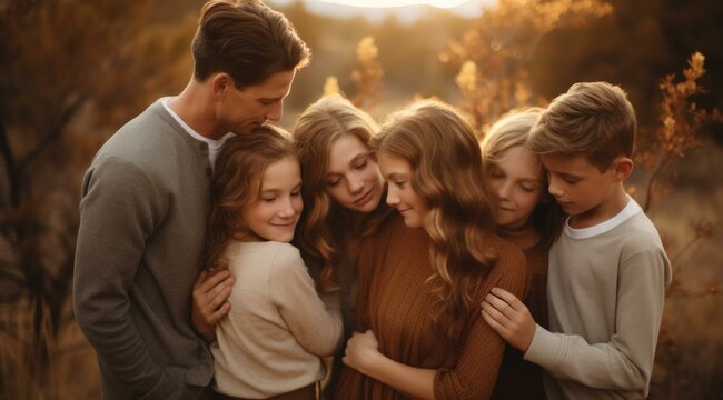 A family of four hugging each other in a field. Generative AI.